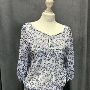 Abercrombie & Fitch Sheer Women's Top Medium Navy White Floral‎ Embroidered Boho
